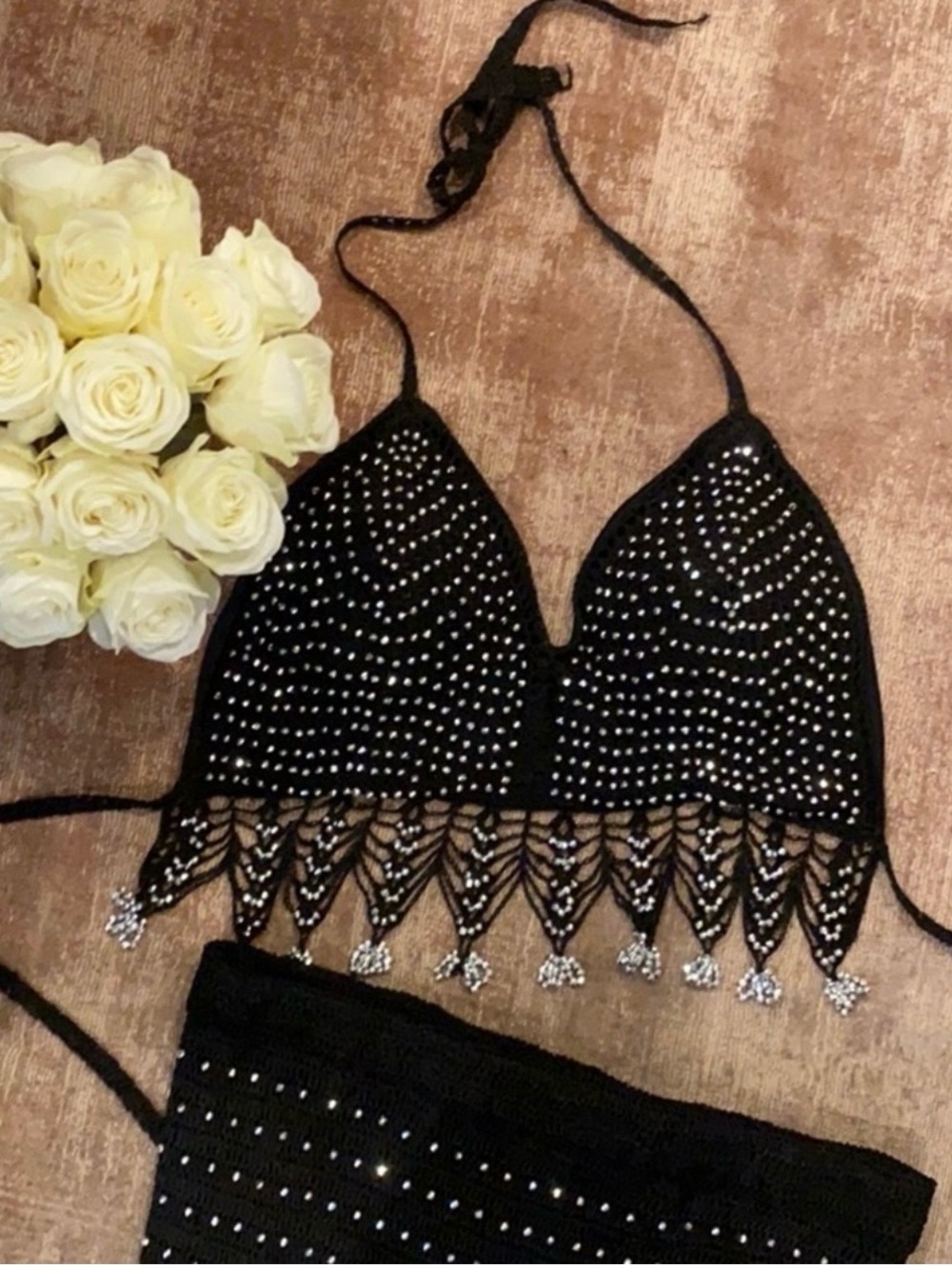 Black 2 piece crystal bra top and Skirt one of a kind original piece